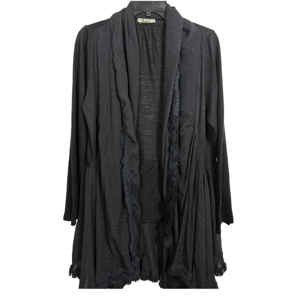 OntheLand Black Fringe Shawl Collar  - Large